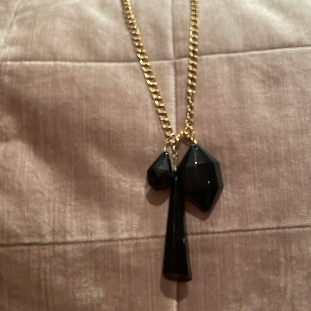 Chunky Black Acrylic Tassel Gold Necklace 36” plus 4” dangle
